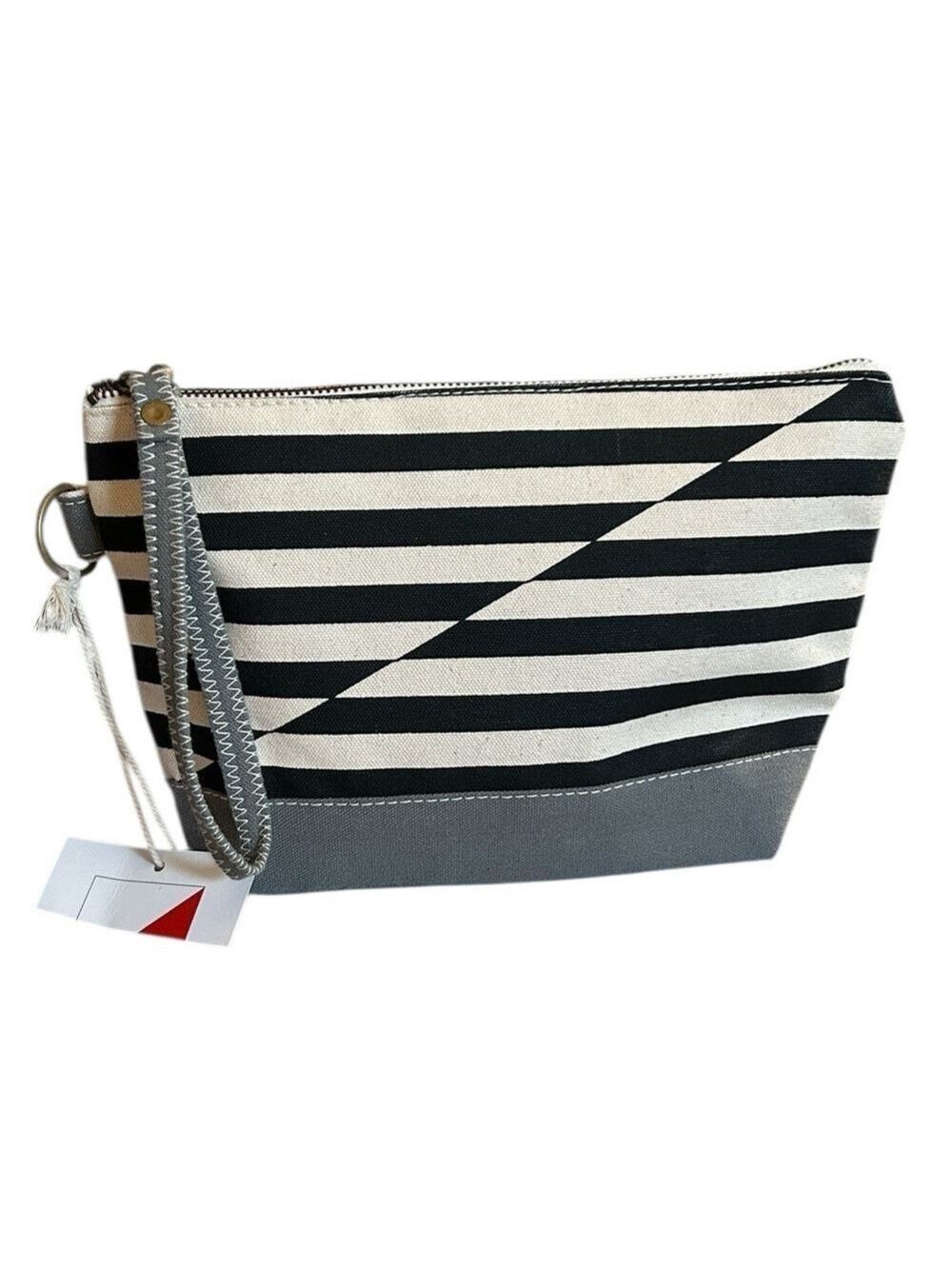 Shorebags All-In Zippered Pouch with Wrist Strap in Black and Cream Stripes